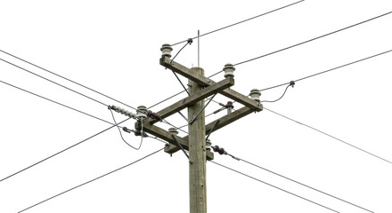Isolated Wooden Utility Pole with Power Lines