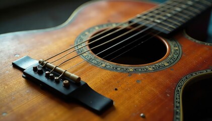 Fototapeta premium Close-up of a worn guitar, bluesy vibe Aged wood, weathered strings, vintage feel , blues guitar, strumming, stage