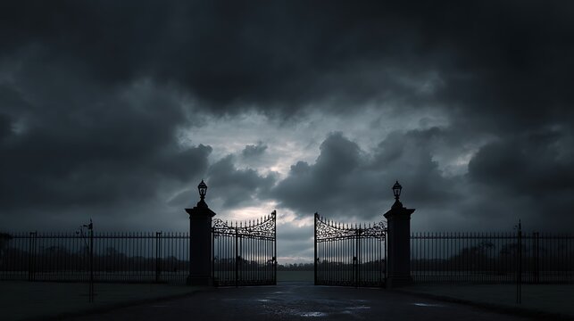 Eerie image of large gates set against a dark, pre-storm sky, evoking a spooky Halloween atmosphere with hints of mystery and a cemetery vibe. .