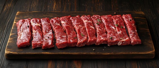 Slices of raw beef on a wooden cutting board.