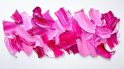Abstract pink brush strokes painted on white background, textured artistic acrylic composition.