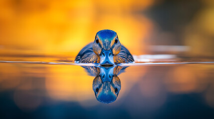 Wild duck swimming directly at camera with perfect water reflection and vivid sunset colors.
