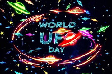 Colorful graphic design celebrating World UFO Day with vibrant planets, stars, and a glowing text. The background features a deep blue space theme, enhancing the cosmic atmosphere.