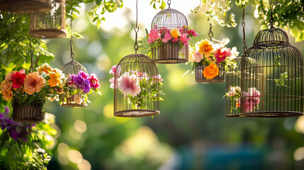 Hanging Birdcages with Flowers in a Garden. Decorative vintage birdcages repurposed as hanging planters, filled with vibrant fresh flowers, suspended amidst lush green foliage in a sunny garden settin