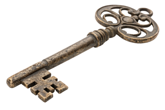 Old rusty metal key isolated on white, an antique object suggesting security and access to a vintage door