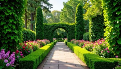 Fototapeta premium Serene garden with meticulously manicured hedges and vibrant flowerbeds, showcasing a harmonious blend of nature and design , garden, landscape, estate