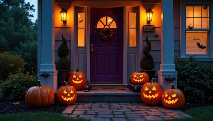 Fototapeta premium Spooky Halloween decorations including pumpkins, ghosts, spiders, and bats adorn a porch , season, halloween night, themed