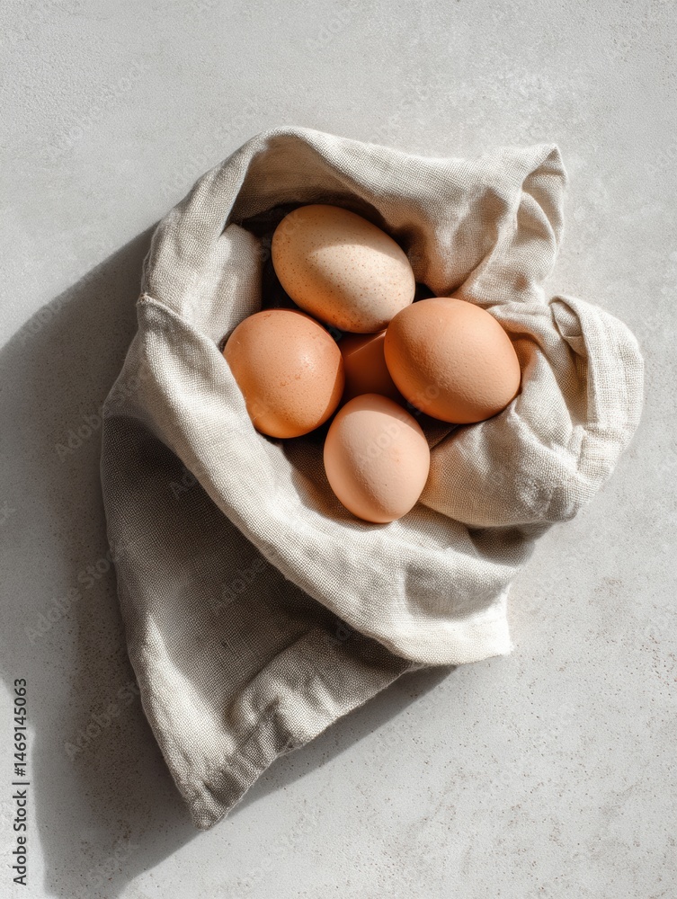 Poster eggs wrapped in reusable cloth on neutral background showcasing sustainable food practices and minim
