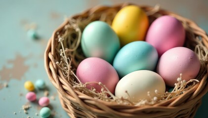 Fototapeta premium Vibrant pastel Easter eggs in a basket, showcasing a variety of spring colors , basket, orange, candy