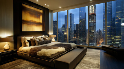  Luxury Bedroom with City View. Elegant modern bedroom with large windows offering a stunning night view of a city skyline and skyscrapers.