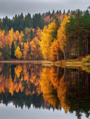 Fototapeta premium Vibrant Autumn Colors Reflected in Calm Lake Waters Surrounded by Forested Hills Generative AI