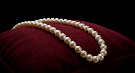Elegant pearl necklace resting on a maroon velvet cushion.