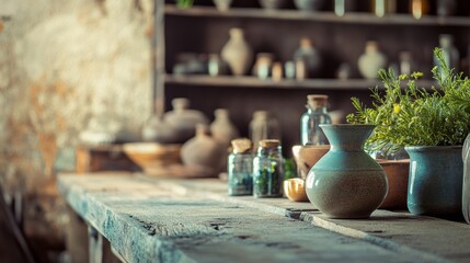 Fototapeta premium Pottery and herbs on wooden table in rustic vintage kitchen with natural soft lighting