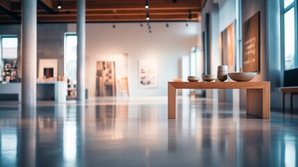 Modern art gallery with white walls, wood benches and paintings in minimalist exhibition space