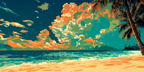 Ilustración de playa desierta con palmera