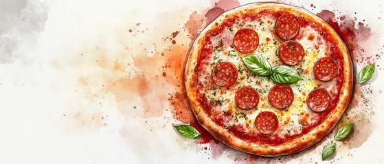 Hand-drawn pepperoni pizza illustration with watercolor effects.