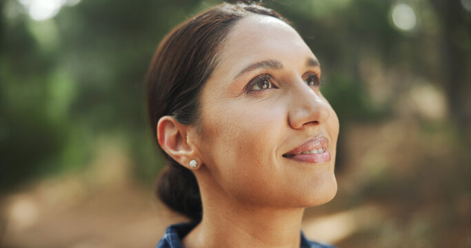 Hiking, thinking and woman with fitness, travel and thoughtful with reflection. Healthy person, outdoor and hiker with break, nature and countryside with wellness, daydreaming and explore with wonder - Powered by Adobe