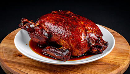 Generated image Grilled Beijing duck, roast duck on wooden table on black ground, Chinese Style Cuis