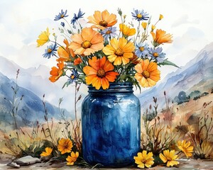 Vibrant wildflowers in a blue jar against a scenic mountain backdrop