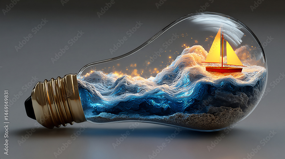 Poster a 3d rendering of an abstract boat shape navigating turbulent blue and gray swirls inside a clear li