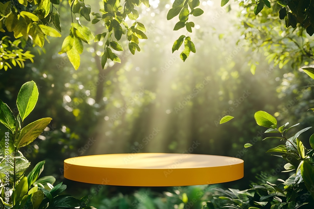 Poster empty circular display podium in a lush forest scene.