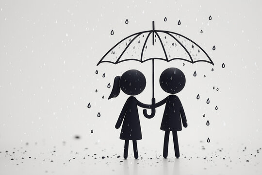 Couple in rain under umbrella. Romantic, weather themed concepts, emotional quotes, wedding invitations, and love themed designs for various projects.