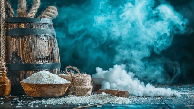 Steam rising from bowl with flour and rolling pin in moody vintage baking kitchen scene