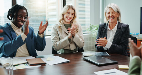 Business people, applause and smile with team in meeting for congratulations or achievement at...