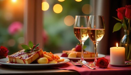 Fototapeta premium Happy anniversary celebration, romantic setting with decorations and delicious food , elegant, table, vibrant