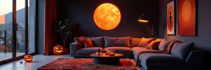 Sleek minimalist living room, Halloween decor subtly integrated , festive, clean