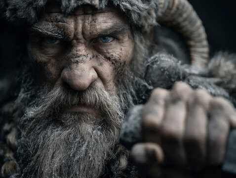 a photograph of a viking warrior with a horned helmet and fur cloak, gripping an axe tightly, his eyes filled with fierce determination before a raid. - Powered by Adobe