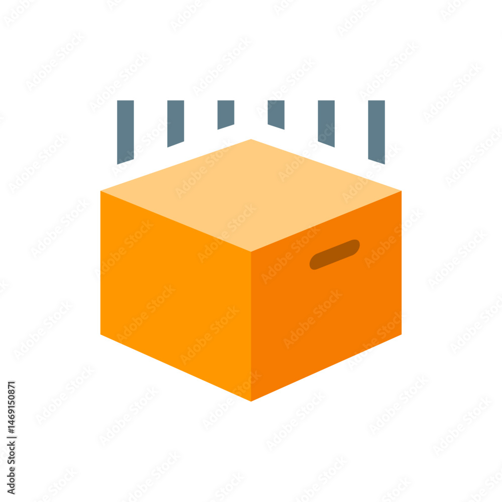 Poster isometric view of an orange cardboard box with a handle and gray vertical lines above representing m
