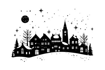 Fototapeta premium Snowy village at night with detailed buildings, trees, and falling snowflakes in black ink style on white background, concept of winter calm