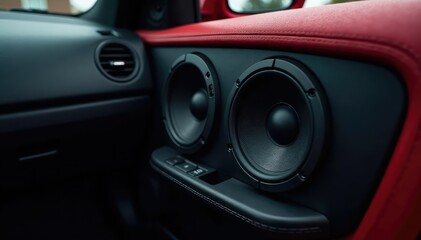 Fototapeta premium High-quality car speakers installed in a vehicle's door panel , midrange, car customization, component speakers