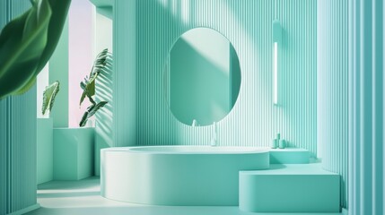 Modern aqua architecture room with stairs and round mirrors in geometric abstract studio decor scene