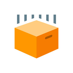 Isometric view of an orange cardboard box with a handle and gray vertical lines above representing motion