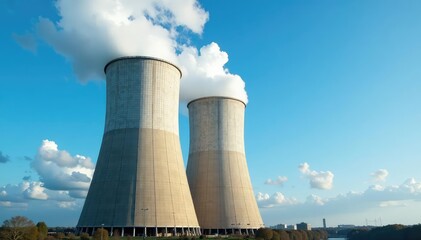 Fototapeta premium Large industrial cooling tower against a blue sky Evaporation, heat dissipation, power generation, industrial infrastructure , image, infrastructure, vapor