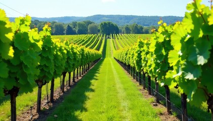Naklejka premium Lush green vineyard backdrop at a winery, sunny day , summer, idyllic