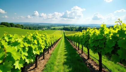 Fototapeta premium Lush green vineyard landscape at a winery, sunny day , rural, vineyard, texture