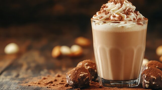 Delicious chocolate drink with whipped cream and truffles.