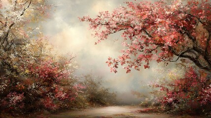 Tranquil Floral Landscape with Blossoming Trees in Soft Colors