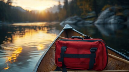 Fototapeta premium Ready for Adventure: Canoe with Duffel Bag on Lake at Golden Hour canoe lake water sunset paddle pet