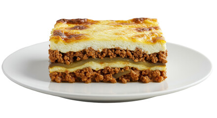 Rectangular slice of Greek lasagna with a rich, creamy cheese topping, placed on a white plate. isolated on transparent png