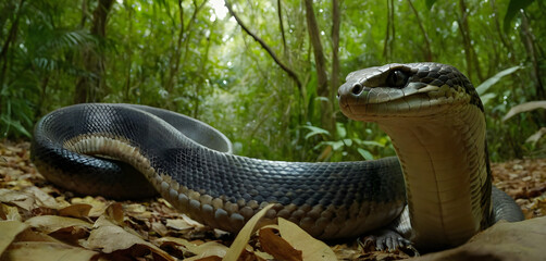 Fototapeta premium Cobra poised in a dense jungle setting, hood flared and eyes alert, blending into the wild, humid forest floor. 