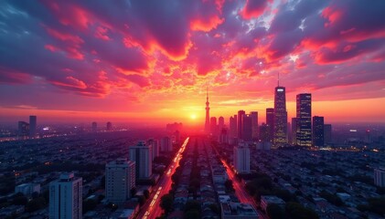 Fototapeta premium Stunning sunset colors paint the city skyline, vibrant hues across buildings and sky , photograph, atmospheric, sky