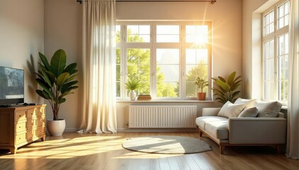 Fototapeta premium Sunlight streams through bright, clean windows illuminating a room's interior , apartment, window light