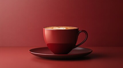 Obraz premium Tasteful beverage presentation with maroon coffee cup and foam on matte saucer in soft lighting and cozy ambiance 
