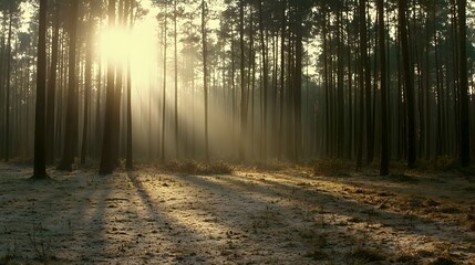 Fototapeta premium Serene Forest Landscape with Sunlight Filtering Through Tall Trees and Misty Atmosphere