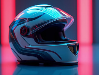 Fototapeta premium racing helmet with a sleek, futuristic design, placed on a glossy surface reflecting neon lights