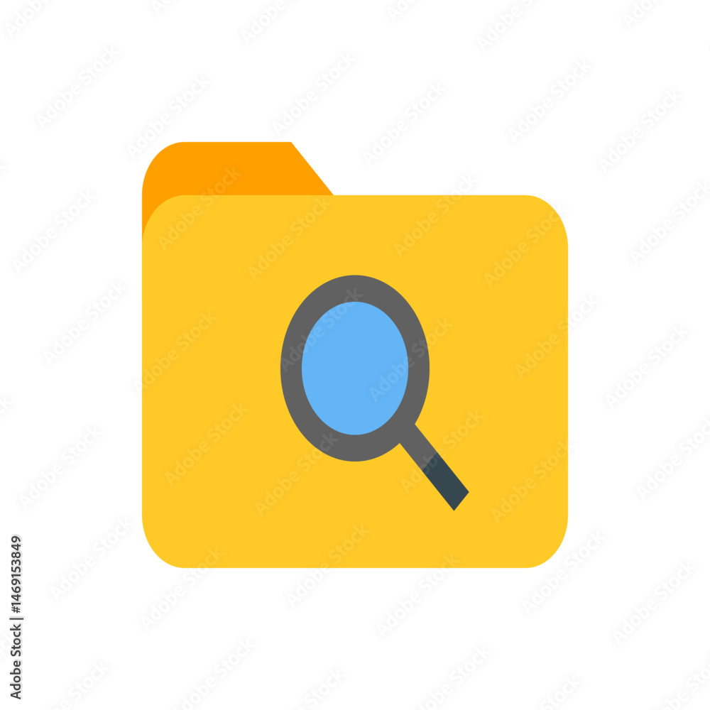 Poster yellow folder icon with a magnifying glass in the center for searching and finding files and documen